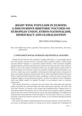 Right Wing Populism in Europe: a Discoursive Rhetoric Focused on European Union, Ethno-Nationalism, Democracy and Globalization