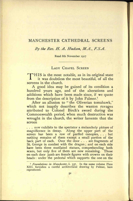 MANCHESTER CATHEDRAL SCREENS by the Rev. H. A. Hudson, M.A., F.S.A