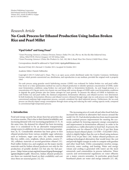 Research Article No-Cook Process for Ethanol Production Using Indian Broken Rice and Pearl Millet