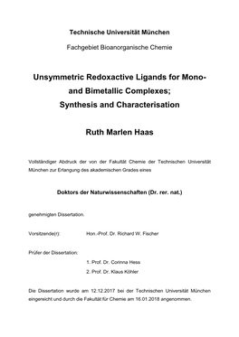 Unsymmetric Redoxactive Ligands for Mono- and Bimetallic Complexes; Synthesis and Characterisation