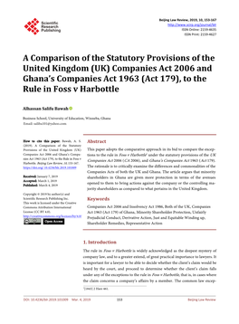 Act 2006 and Ghana’S Companies Act 1963 (Act 179), to the Rule in Foss V Harbottle