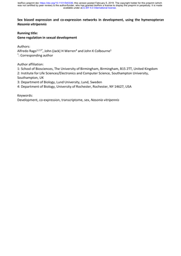 Sex Biased Expression and Co-Expression Networks in Development, Using the Hymenopteran Nasonia Vitripennis