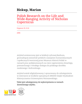 Polish Research on the Life and Wide-Ranging Activity of Nicholas Copernicus