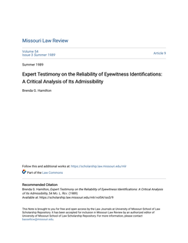 Expert Testimony on the Reliability of Eyewitness Identifications: a Critical Analysis of Its Admissibility