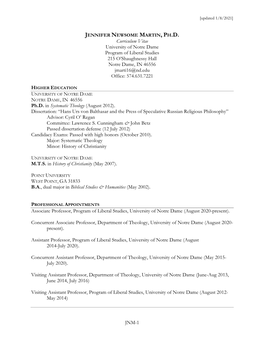 Curriculum Vitae University of Notre Dame Program of Liberal Studies 215 O’Shaughnessy Hall Notre Dame, in 46556 Jmarti16@Nd.Edu Office: 574.631.7221