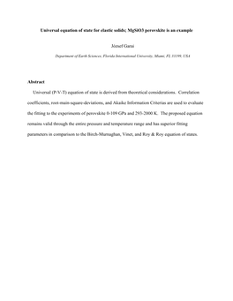 Universal Equation of State for Elastic Solids; Mgsio3 Perovskite Is an Example