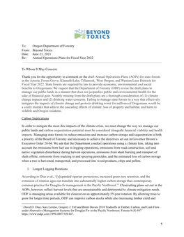 To: Oregon Department of Forestry From: Beyond Toxics Date: June 21, 2021 Re: Annual Operations Plans for Fiscal Year 2022 to Wh