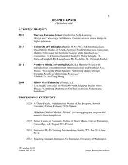 1 JOSEPH M. KINZER Curriculum Vitae