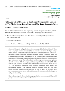GIS Analysis of Changes in Ecological Vulnerability Using a SPCA Model in the Loess Plateau of Northern Shaanxi, China