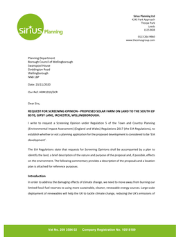 Request for Screening Opinion - Proposed Solar Farm on Land to the South of B570, Gipsy Lane, Irchester, Wellingborough