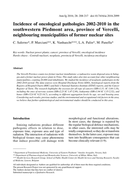 Incidence of Oncological Pathologies 2002-2010 in the Southwestern Piedmont Area, Province of Vercelli, Neighbouring Municipalities of Former Nuclear Sites