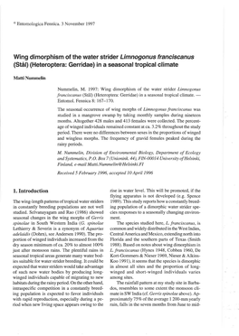 Wing Dimorphism of the Water Strider Limnogonus Franciscanus (Stal) (Heteroptera: Gerridae) in a Seasonal Tropical Climate