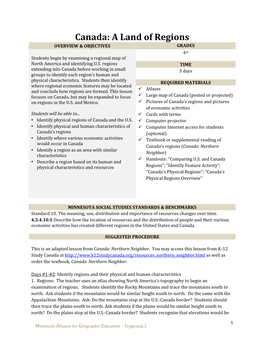 Canada: a Land of Regions OVERVIEW & OBJECTIVES GRADES 4Th Students Begin by Examining a Regional Map of North America and Identifying U.S