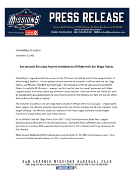 MLB-Padres Affliation Invitation