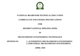 (HND) in Mechatronics Engineering Technology Options In: Automotive Mechatronics and Industrial Mechatronics First Semester