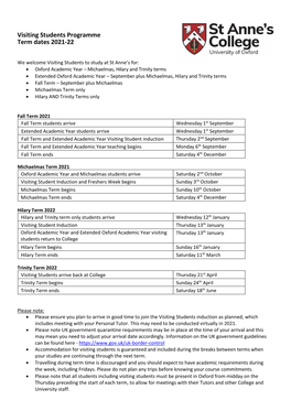 Visiting Students Programme Term Dates 2021-22