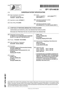 A Method of Preparing Memantine Hydrochloride Verfahren Zur Herstellung Von Memantinhydrochlorid Procede De Preparation De Chlorhydrate De Memantine