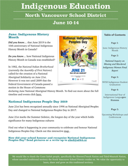 Indigenous Education North Vancouver School District June 10-14