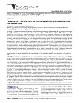 Determinants of Traffic Mortality of Barn Owls (Tyto Alba) in Friesland, the Netherlands