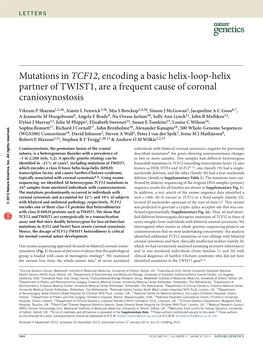 Mutations in TCF12, Encoding a Basic Helix-Loop-Helix Partner of TWIST1, Are a Frequent Cause of Coronal Craniosynostosis