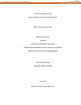 La Mise En Scène Du Corps Dans La Belle Noiseuse, De Jacques Rivette Et Déposé À Titre Dʼexigence Partielle En Vue De Lʼobtention Du Grade De