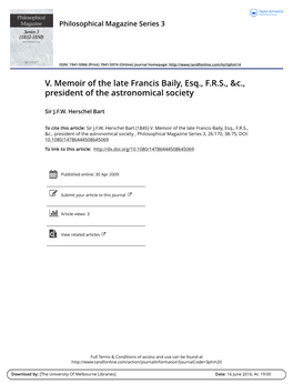 V. Memoir of the Late Francis Baily, Esq., FRS, &C., President of The