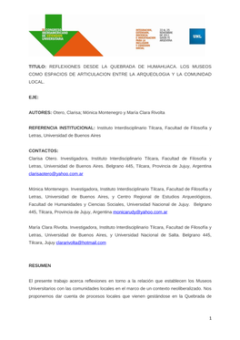 Titulo: Reflexiones Desde La Quebrada De Humahuaca. Los Museos Como Espacios De Articulacion Entre La Arqueologia Y La Comunidad Local