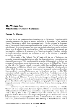 The Western Sea: Atlantic History Before Columbus Donna A. Vinson