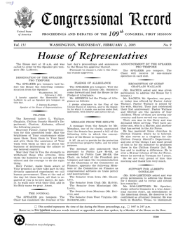 Congressional Record United States Th of America PROCEEDINGS and DEBATES of the 109 CONGRESS, FIRST SESSION