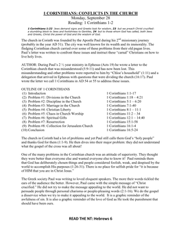 1 CORINTHIANS: CONFLICTS in the CHURCH Monday, September 28 Reading: 1 Corinthians 1-2