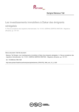 Les Investissements Immobiliers À Dakar Des Émigrants Sénégalais In: Revue Européenne Des Migrations Internationales