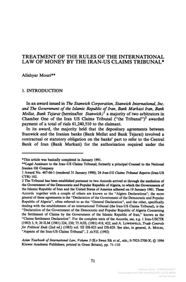 Treatment of the Rules of the International Law of Money by the Iran-Us Claims Tribunal *
