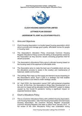 Cloch Housing Association Limited – Lettings Plan Appendix to Inverclyde Common Housing Register Allocations Policy