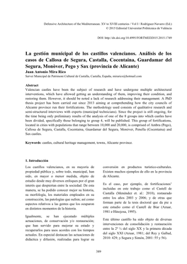La Gestión Municipal De Los Castillos Valencianos. Análisis De Los Casos De Callosa De Segura, Castalla, Cocentaina, Guardamar
