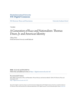 Thomas Dixon, Jr. and American Identity Tiffany West Florida International University, Twest007@Fiu.Edu