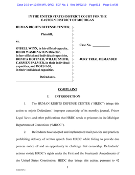 1 in the UNITED STATES DISTRICT COURT for the EASTERN DISTRICT of MICHIGAN HUMAN RIGHTS DEFENSE CENTER, ) ) Plaintiff, ) )