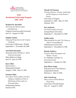 VFH Residential Fellowship Program 1986 –2018