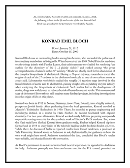Konrad Emil Bloch Was Spread Upon the Permanent Records of the Faculty