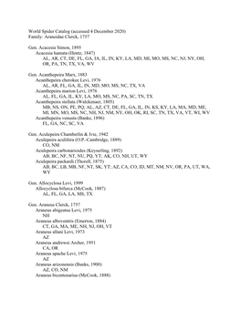 World Spider Catalog (Accessed 4 December 2020) Family: Araneidae Clerck, 1757