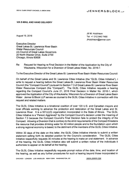 Request for Hearing Re Final Decision in the Matter of the Application by the City of Waukesha, Wisconsin for a Diversion of Great Lakes Water, No