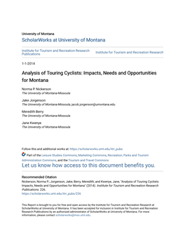 Analysis of Touring Cyclists: Impacts, Needs and Opportunities for Montana