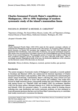 Charles Immanuel Forsyth Major's Expedition to Madagascar, 1894 to 1896: Beginnings of Modern Systematic Study of the Island's Mammalian Fauna