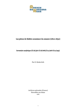 Les Pièces De Théâtre Soumises À La Censure (1800-1830)