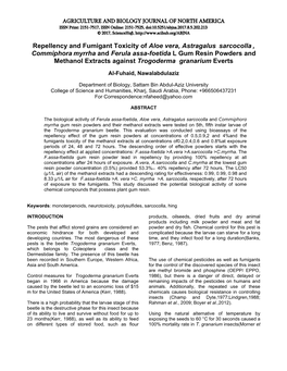 Repellency and Fumigant Toxicity of Aloe Vera, Astragalus Sarcocolla