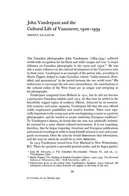 John Vanderpant and the Cultural Life of Vancouver, 19 20-1939