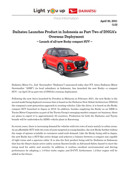 Daihatsu Launches Product in Indonesia As Part Two of DNGA's