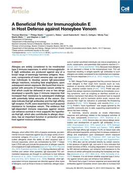 A Beneficial Role for Immunoglobulin E in Host Defense Against Honeybee Venom