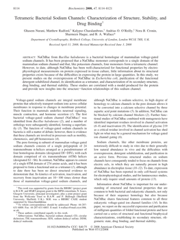 Tetrameric Bacterial Sodium Channels: Characterization of Structure, Stability, and Drug Binding† Ghasem Nurani, Matthew Radford,‡ Kalypso Charalambous,‡ Andrias O