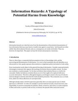 Information Hazards: a Typology of Potential Harms from Knowledge