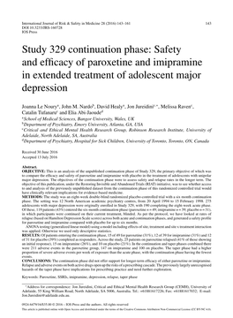 Study 329 Continuation Phase: Safety and Efficacy of Paroxetine And